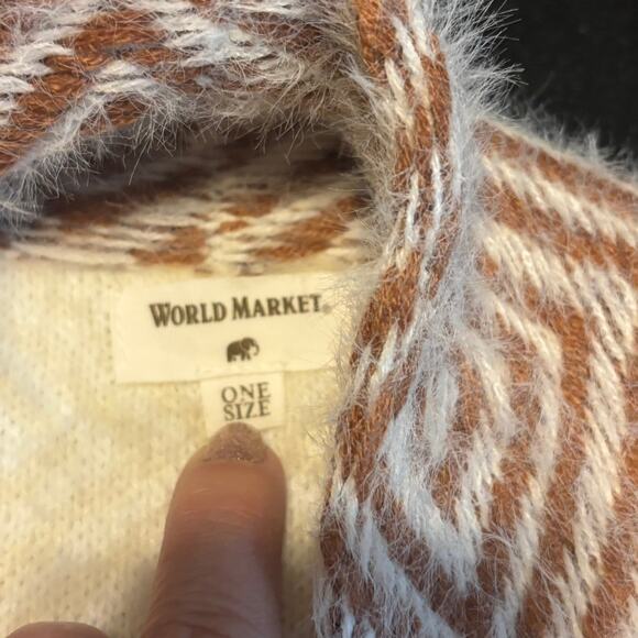 World Market Long Open Front Cozy Cardigan One Size Cream Brown Boho Geometric - Picture 6 of 6